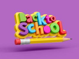 terug naar school kleurrijke 3d letters op paarse achtergrond met vliegende potlood 3d illustratie foto