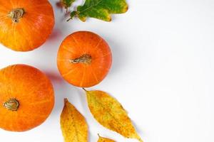 rijpe pompoenen en gevallen gele bladeren op een witte achtergrond. Hallo herfst. Halloween en Thanksgiving-symbool. foto