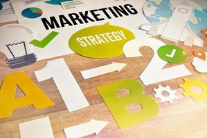 marketingstrategie conceptontwerp. concept voor website en mobiele banner, internetmarketing, sociale media en netwerken, e-commerce, presentatiesjabloon, marketingmateriaal. foto