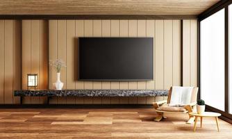 tv boven zwart marmeren aanrecht in moderne lege ruimte met stoelplanten tapijt op houten ondergrond. japans onsen en spa-stijlthema. architectuur en interieurconcept. 3D illustratie weergave foto