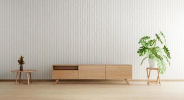 tv-kast met lege muur houten plank plant pot en tafel achtergrond. interieur en architectuurconcept. 3D illustratie weergave foto