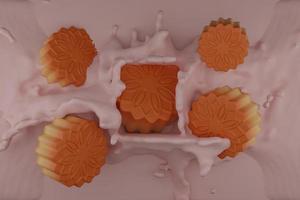 mooncake met melk splash ontwerpelement, witte abstracte vloeibare achtergrond, 3D-rendering illustratie foto