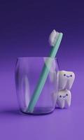 schattige cartoon tand en tandenborstel in een glas 3d render foto