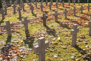 veel identieke grijze kruisen op de Poolse militaire begraafplaats. herfst en zonsondergang van het leven. strijd voor congregatie en onafhankelijkheid van het moederland foto