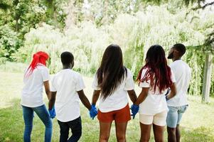 achterkant groep gelukkige Afrikaanse vrijwilligers houden elkaars hand vast in het park. Afrika vrijwilligerswerk, liefdadigheid, mensen en ecologie concept. foto