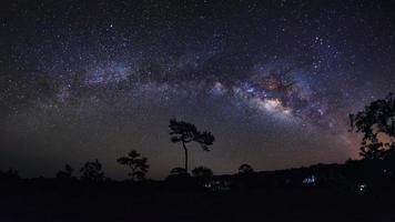 panorama Melkweg en silhouet van boom met wolk. foto met lange sluitertijd. met korrel