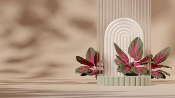 3d render mock-up groen en amandelpodium in landschap met boogdecor en rode chinese evergreen foto