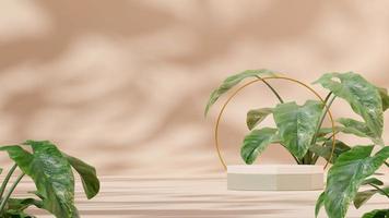 3d render mockup wit groen podium sjabloon in landschap met alocasia plant en gouden ring foto