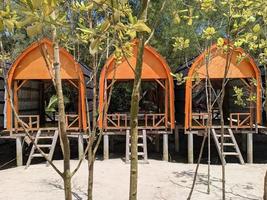 drie keurig gerangschikte strandhuisjes omgeven door mangrovebossen foto