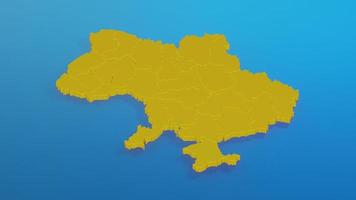 3D-rendering. kaart van oekraïne in gele kleur waarop regio's zijn getekend, op blauwe achtergrond. foto