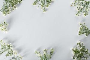 chrysant en snijbloemensamenstelling. patroon en frame gemaakt van verschillende gele of oranje bloemen en groene bladeren op een witte achtergrond. plat lag, bovenaanzicht, kopieer ruimte, lente, zomer concept. foto