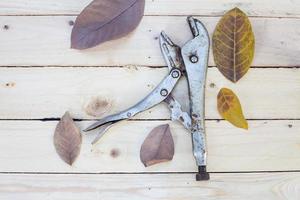 verstelbare tang en bladeren op witte houten tafel foto