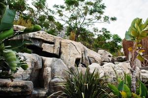 stenen rotsen met groen in de spa-zone in het resort. foto