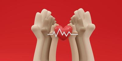 3D-weergave van hand met hart met reddingslijn op rode achtergrond concept van bloed- en orgaandonatie. 3D render illustratie cartoon stijl. foto