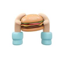 3D-weergave van de hand met hamburger isoleren op een witte achtergrond. 3D render illustratie cartoon stijl. foto