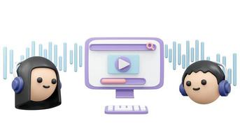 3D-weergave van jongen en meisje met koptelefoon op met afspeel- en zoekknopconcept van online technologiemuziekplatformzaken isoleren op witte achtergrond. 3D render illustratie cartoon stijl. foto