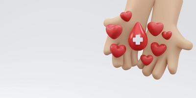3D-weergave van hand met bloeddruppel met rode kruis teken achtergrond, banner, kaart, poster concept van wereld bloeddonatie dag. 3D render illustratie cartoon stijl. foto