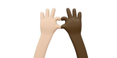 3D-weergave van handen in veel kleur huid gebaren mini hart teken geïsoleerd op een witte achtergrond banner concept van stop racisme geen oorlog stop vechten en gelijkheid van mensenrechten. 3D render illustratie. foto