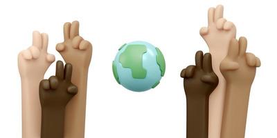 3D-weergave van handen in veel kleur huid gebaren vredesteken met globe op witte achtergrond concept van geen oorlog stoppen met vechten de wereld redden. 3D render illustratie cartoon stijl. foto