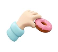 3D-weergave van de hand met roze donut isoleren op een witte achtergrond. 3D render illustratie cartoon stijl. foto