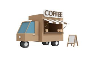 3D-weergave van bruine koffie vrachtwagen geïsoleerd op een witte achtergrond. 3D render illustratie cartoon stijl. foto