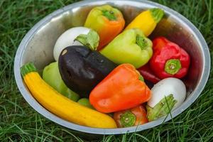 verse groenten bereid op de grill buiten. tomaten, paprika's, aubergine buiten gekookt. foto