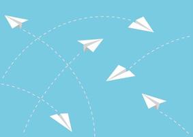 papieren vliegtuigen vliegen vector minimalistische stijl op blauwe achtergrond. foto