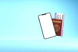 smartphone met leeg scherm en paspoort en vliegticket foto