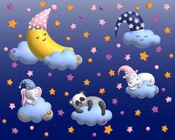 zoete maan en babyolifant slapen in de wolken. kinderachtergrond met maan, sterren, wolken. 3D render foto
