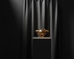 Amber saffier diamant geplaatst op zwart podium met gordijn achtergrond 3D-rendering foto