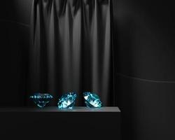 blauwe saffier diamant geplaatst op zwart podium met gordijn achtergrond 3D-rendering foto