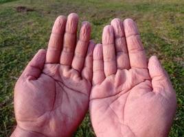 gerimpelde vinger een volwassen man na te lang in het water te hebben gespeeld foto