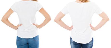 achteraanzichten twee vrouwen in t-shirt geïsoleerd, vrouwent-shirt, bijgesneden afbeelding foto