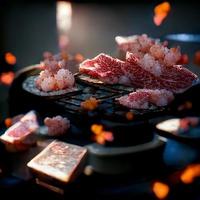 rauw rundvlees plak voor barbecue of Japans stijl yakiniku voedsel barbecue en gegrild over- houtskool Aan fornuis in Japan. foto