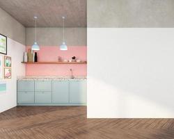 minimalistische keuken kamer met blauw pastel kasten en roze pastel muur, leeg wit muur en hout verdieping.3d renderen foto
