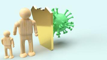 man houten en gouden schild voor bescherming virus 3D-rendering. foto