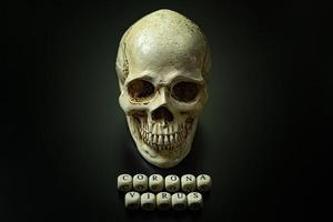 corona virus houten kubus en schedel op zwarte achtergrond voor medische inhoud. foto