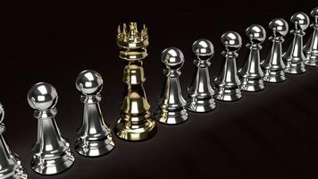 gouden koningsschaak en zilveren pion in donkere toon 3D-rendering voor zakelijke inhoud. foto