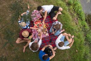 bovenaanzicht van groepsvrienden die genieten van picknicktijd foto