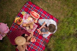 bovenaanzicht van paar genieten van picknicktijd foto