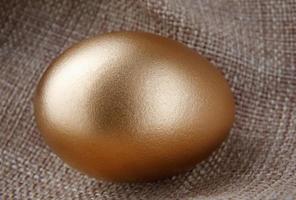 een gouden ei Aan een kleding stof achtergrond. foto