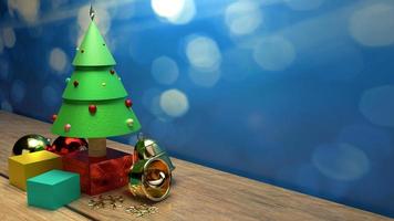 kerstboom op houten tafel 3D-rendering afbeelding voor de inhoud van de kerstviering. foto