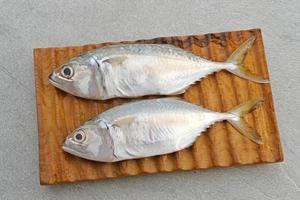 ikan kembung, kembung vis of makreel vis Aan houten hakken bord. foto