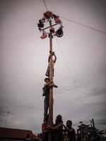 de opwinding van kinderen en volwassenen nemen een deel in de areca beklimming wedstrijd naar verlevendigen de onafhankelijkheid dag van de republiek van Indonesië, oosten- kalimantaan, Indonesië, augustus, 14,2022 foto