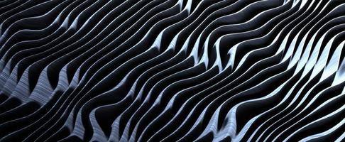 golvend abstract strepen met metalen helling achtergrond. futuristische 3d geven aluminium kromtrekken golven zwart en wit gestreept kleur. getextureerde rimpelingen met overgangen en elegant staal ornamentiek foto