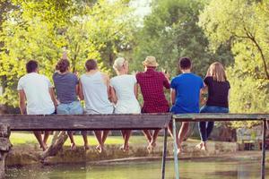 achterzijde visie van vrienden genieten van watermeloen terwijl zittend Aan de houten brug foto