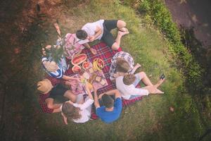 bovenaanzicht van groepsvrienden die genieten van picknicktijd foto