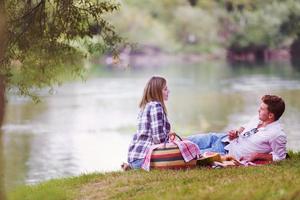 paar in liefde genieten van picknick tijd foto