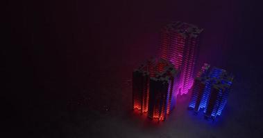 abstract achtergrond gebruik makend van meetkundig vormen geregeld Leuk vinden drie gebouwen met neon kleuren, namelijk rood, Purper, en blauw. Daar is vrij ruimte Aan de links, 3d weergave, en 4k grootte foto