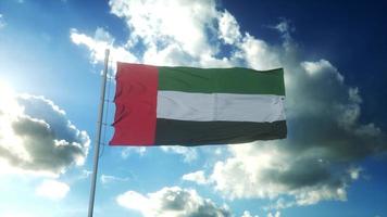 vlag van Verenigde Arabisch emiraten golvend Bij wind tegen mooi blauw lucht. 3d illustratie foto